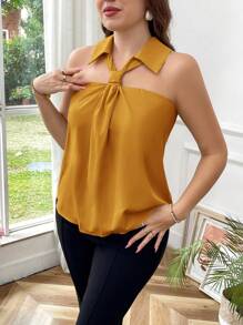 Firerie 大码女式优雅领口系带无袖衬衫，适合工作、约会、度假、INS 风格、春夏 - 黃色 - 查看 12