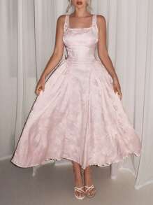 Relinas 早春新款女士方领蝴蝶结后绑带泡泡袖休闲派对中长连衣裙