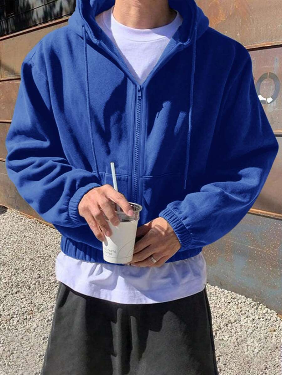 Claim Dot Men's Solid Color Long Sleeve Zipper Front Drawstring Hooded Casual Sweatshirt, Fall - Royal Blue - View 1