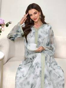 Al Najma Women's V-Neck Tie-Dye Floral Print Chiffon Elegant Maxi Dress, Turkish & Arabian Style, Modest Kaftan - Multicolor - View 4