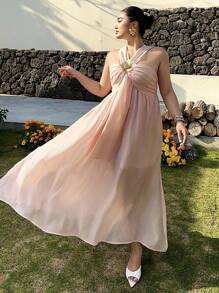 SHEIN Clasi Plus Size Women Metal 3D Floral Decor Ruffle Neck Dress - Baby Pink - View 5