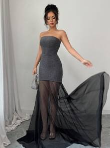 Elenzga Nouvelle robe de soirée de luxe pour femmes, robe élégante à ourlet asymétrique avec design patchwork noir - Noir - Voir 4