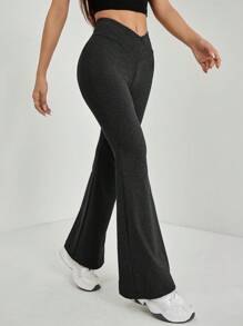 SHEIN PETITE Pantalones acampanados de cintura alta con diseño de envolvente de unicolor simple