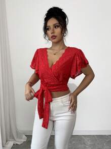 Calvaya Vrouwen Elegante Rode Kant Criscross V-hals Strik Voorkant Ruffle Mouw Blouse Top