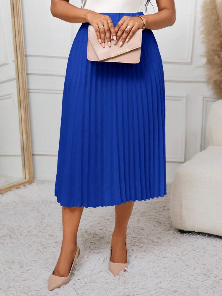 SHEIN Lady Falda plisada en A de color azul marino, versátil para el trabajo y las fiestas - azul real - Añade 7