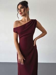 Firerie 新款百搭优雅不对称领口缎面连衣裙，女士夏季礼服，适合婚礼宾客/新娘送礼会/毕业典礼/教堂礼拜等场合，白色；毕业礼服/白色毕业礼服/教堂礼拜服/教堂礼服 - 紅木色 - 查看 5