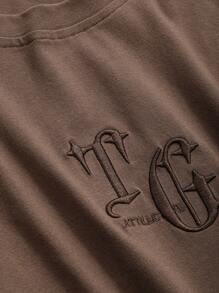 DAZY 刺绣字母图案落肩T恤 超大T恤 学院风上衣 - 咖啡棕 - 查看 7