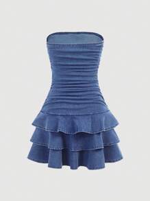 SHEIN Girlism 青少年女孩 Y2K 时尚春夏假期石洗紧身连衣裙，分层蝴蝶结细节，女孩夏季太阳裙海滩波西米亚风音乐会狂欢节服装 - 中等水洗藍 - 查看 2