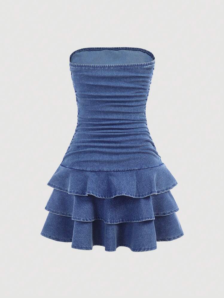 SHEIN Girlism 青少年女孩 Y2K 时尚春夏假期石洗紧身连衣裙，分层蝴蝶结细节，女孩夏季太阳裙海滩波西米亚风音乐会狂欢节服装 - 中等水洗藍 - 查看 2