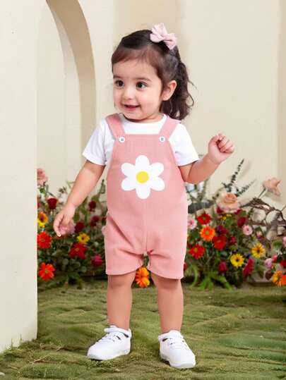 2 件套女婴雏菊花朵印花可调节按扣连体衣套装，舒适可爱的春夏秋季服装