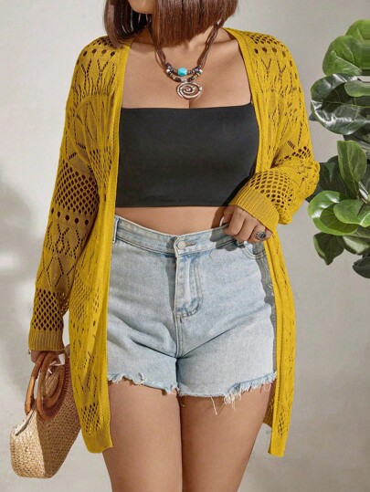 SHEIN Clasi Plus Size Women Plain Knitted V-Neck Hollow-Out Long Sleeve Mid-Length Simple Casual Shawl Cardigan For Sunscreen, Spring/Summer Fall Winter Cloth For Women