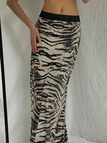 INAWLY 女士夏季时尚斑马图案印花低腰半身裙