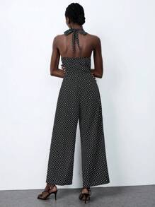 Lumivelle Women's Halter Backless V-Neck Jumpsuit - Black and White - View 2