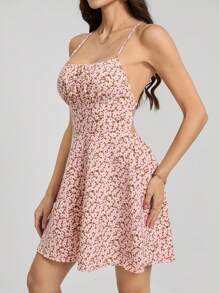 SHEIN Tall Floral Printed Cross Lace-Up Backless Cami Dress, Summer