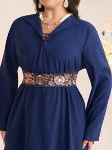 Mulvari Plus Size V-Neck Long Sleeve Waist Rhinestone Decor Retro Dress - Navy Blue - View 1