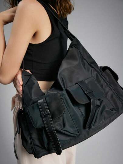 Grunge Punk Juego de 2 piezas con bolso de hombro de gran capacidad y bolsa de maquillaje con bordado de conejo de Pascua, bolso de compras de tela Oxford de moda, set de regalo