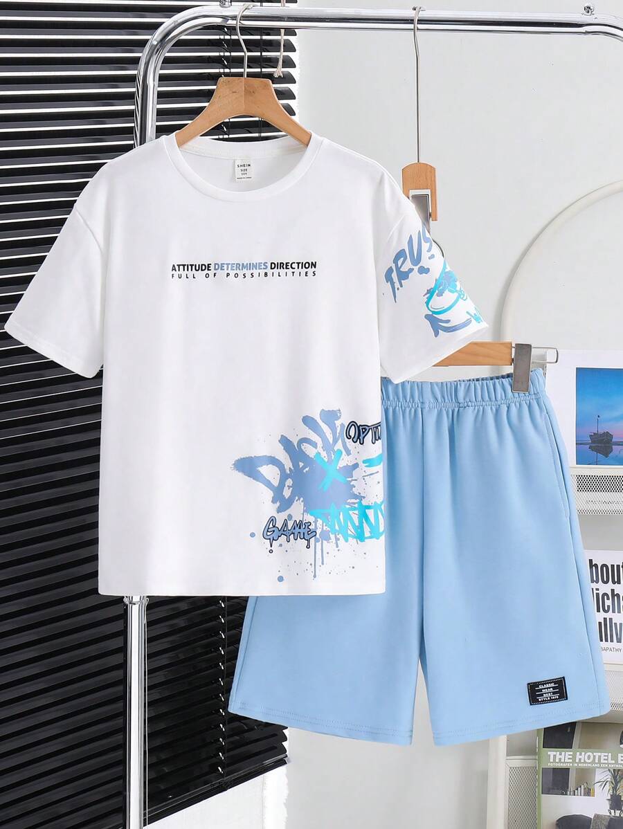 SHEIN Tween Boy 2pcs Sports Set, Slogan Graphic T-Shirt & Shorts, Purple - Baby Blue - View 1