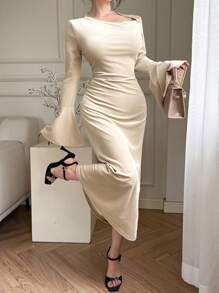 DAZY 优雅不对称领口喇叭袖连衣裙，女士舞会礼服，秋季服装长袖连衣裙 - 米色 - 查看 6