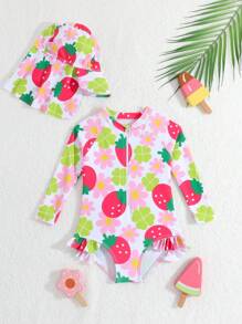 SHEIN Baby Girls' One-Piece Swimsuit With Random Prints And Ruffles (Includes Swimming Cap) - Multicolor - View 3