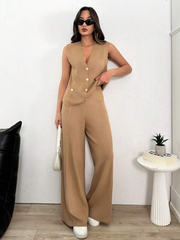 SHEIN Tall Femmes Gilet tricoté unicolore à boutonnage simple sans manches et pantalon large tricoté ample. Ensemble assorti.