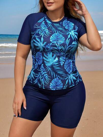 Swim Lushoire Conjunto de rashguard con estampado tropical y contrastes para mujeres de talla grande para vacaciones en la playa