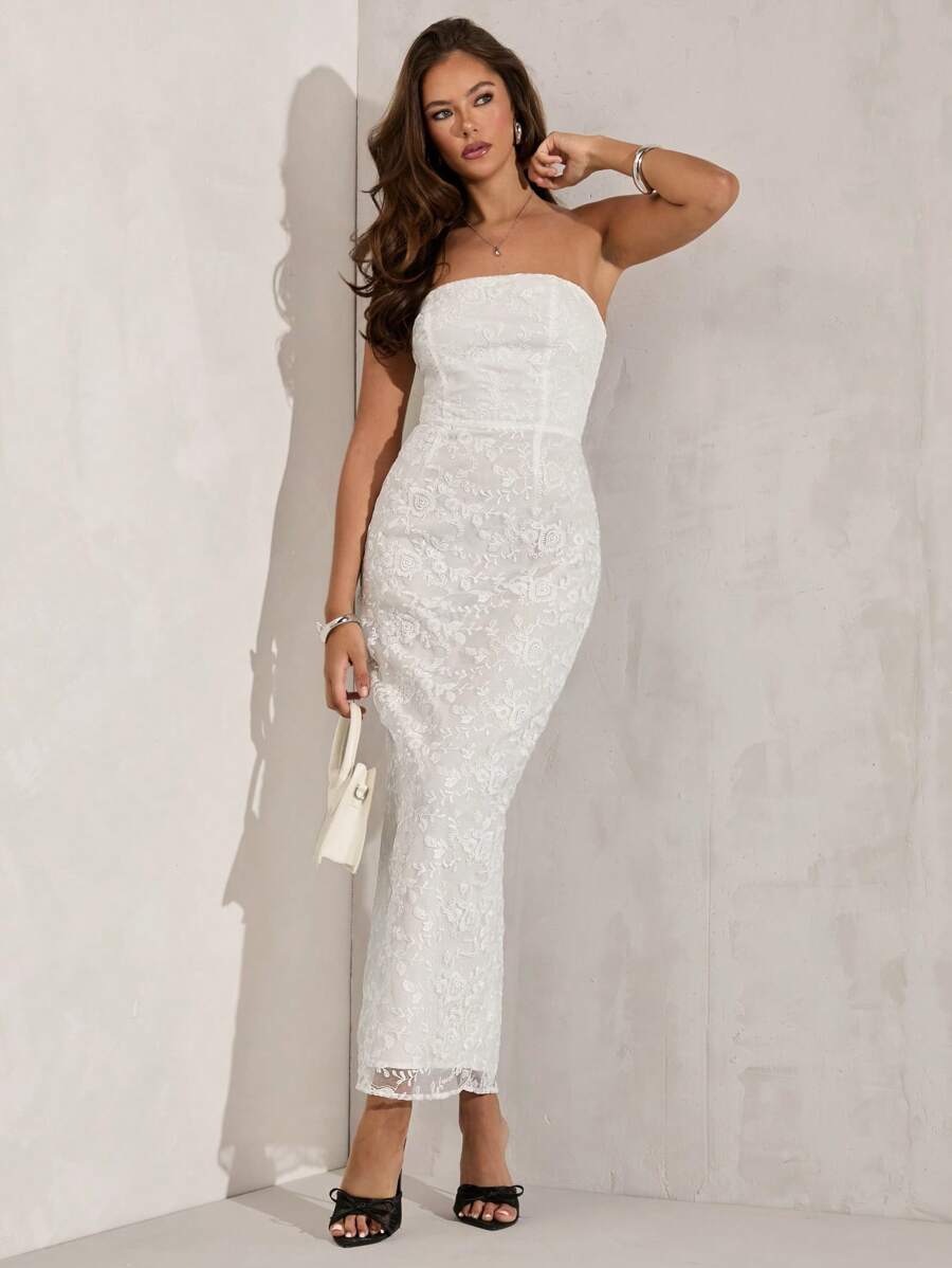 SHEIN BAE White Summer Elegant Wedding Guest Women Party Sleeveless Lace Patchwork Bow Back Slim Mesh Embroidery Long Dress For Cocktail Formal Event - White - View 1