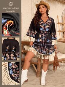 SHEIN LUNE Plus Size Women's New Fashion Bohemian V-Neck Flare Sleeve Tasseled Patchwork Printed Dress - Black - View 1