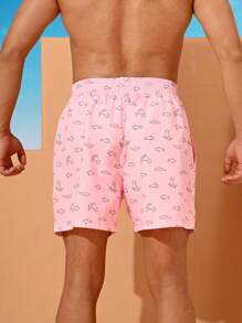 Surfspeed Cartoon Cat & Fish Print Elastic Drawstring Men's Beach Shorts, Vacation Style Men Swim Trunks - Pink - View 2