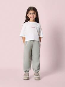 SUMWON 青少年运动休闲夏季套装短款上衣慢跑裤运动衫套装松紧腰运动服休闲运动训练服 - 灰色 - 查看 1