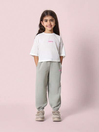 SUMWON 青少年运动休闲夏季套装短款上衣慢跑裤运动衫套装松紧腰运动服休闲运动训练服