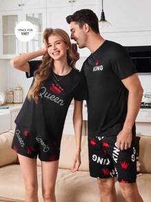 CoupledUp Crown & King 图案印花圆领短袖男式睡衣套装 - 黑色 - 查看 4