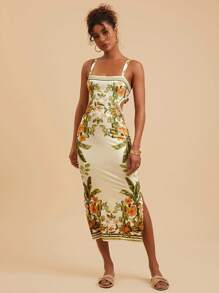 Travachic Women's Floral Print Backless Sleeveless Dress, Vacation Style,Summer Outfits For Women,  Suitable For Holiday , Afternoon Tea, Wedding Season, Beach Cruise Vacation, City Road Trip Vacation, Boho Vacation, Music Festival , Beachwear, Easter, Beach Outfits For Woman, Elegant Dress For Women, Vacation Outfits Women, Concert Outfit Women, Tropical Vacation Woman Clothes, Holiday Outfits, Bohemian Clothes,For Spring Sunmmer And Autumn - Yellow - View 4