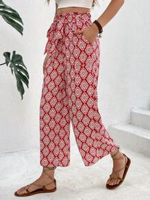 SHEIN Frenchy 女士全印花打结腰部口袋宽松直腿阔腿裤，适合度假 - 彩色 - 查看 4