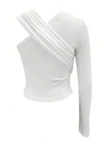 INAWLY Solva Camiseta corta y ajustada de mujer con un hombro asimétrico