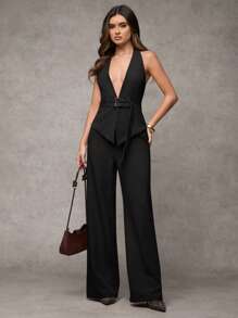 SHEIN BAE Blazer sin mangas con diseño de hebilla ajustable y cuello en V profundo de unicolor para mujer en otoño/invierno - Negro - Ver 2