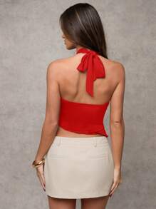 SHEIN BAE Ropa de primavera y verano Vacaciones Playa Parte superior de tirantes asimétrica marrón para mujer decorada con hebilla metálica Apropiada para salidas diarias, trayectos, tiempo libre, meriendas, tops de verano, atuendos para conciertos en el campo - Rojo - Ver 2