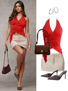 SHEIN BAE Ropa de primavera y verano Vacaciones Playa Parte superior de tirantes asimétrica marrón para mujer decorada con hebilla metálica Apropiada para salidas diarias, trayectos, tiempo libre, meriendas, tops de verano, atuendos para conciertos en el campo - Rojo - Ver 8