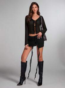 SHEIN BAE 女士网纱针织拼接荷叶边前系带喇叭袖透视性感上衣，适合新年派对、节日派对、情人节 - 黑色 - 查看 5