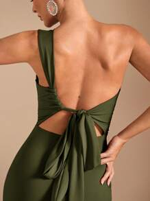 SHEIN BAE 秋季优雅女士不对称领口斜肩长袖连衣裙，适合休闲、约会、夜店、派对、圣诞节 - 軍綠色 - 查看 7