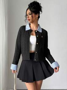 Franclia New Blogger-Style Fashionable Design Sense Preppy Style 2 In 1 Patchwork Knitted Cardigan Crop Sweater Fall Winter Cloth For Women