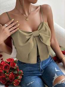Chiquease Sexy Elegant Date Bow Decor Front Solid Color Cropped Camisole, Summer - Khaki - View 6