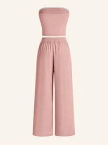 SHEIN EZwear 2 件女式套装：纯色褶皱抹胸上衣和阔腿裤 - 西瓜粉 - 查看 2