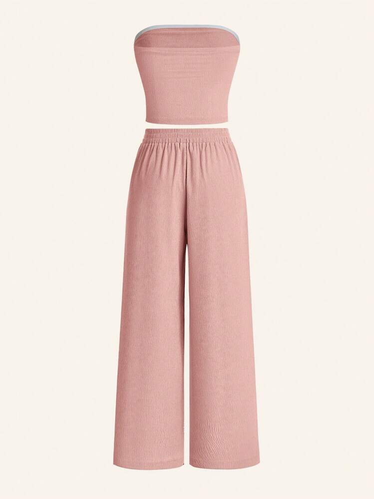 SHEIN EZwear Bộ 2 món dành cho nữ: Áo Bandeau xếp ly màu trơn & Quần ống rộng - Màu Hồng  Dưa hấu - Xem 2
