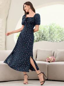 Modelyn 女士方领碎花开衩节日夏季短袖连衣裙长款晚礼服 - 藏蓝色 - 查看 6