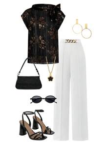 SHEIN Clasi Elegant Women's Short Sleeved Gold Embossed Chiffon Ribbon Tied Shirt, Suitable For Various Occasions - Black and Gold - View 1