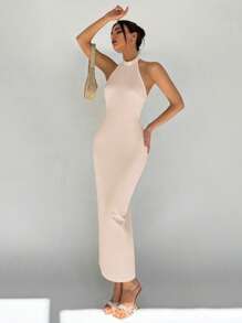 Aloruh Women's Solid Color Bodycon Backless Dress - Apricot - View 3