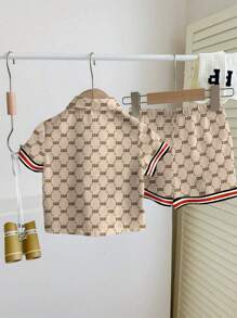 SHEIN Baby Boy Casual Classic Floral Print Shirt And Shorts Set, Soft And Comfortable, Suitable For Spring And Summer