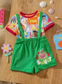 CoComelon X SHEIN 2 件装男婴卡通水果图案针织圆领 T 恤和可调节肩带短裤套装 - 彩色 - 查看 7