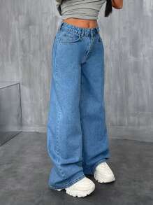 EURMUSE Lässige Jeans aus Baumwolldenim mit tiefer Taille, minimalistisch und modisch - Mittele Waschung - Übersicht 3