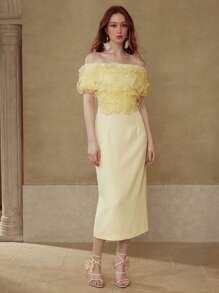 MOTF PREMIUM 3D 花卉露肩中长连衣裙 - 黃色 - 查看 8